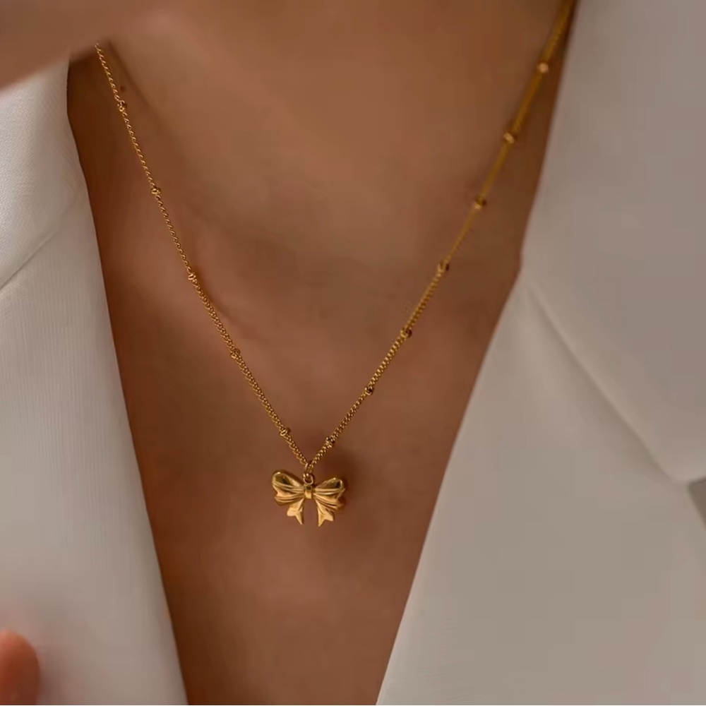 18K Gold Plated Charm Bow Pendant Bead Chain Necklace